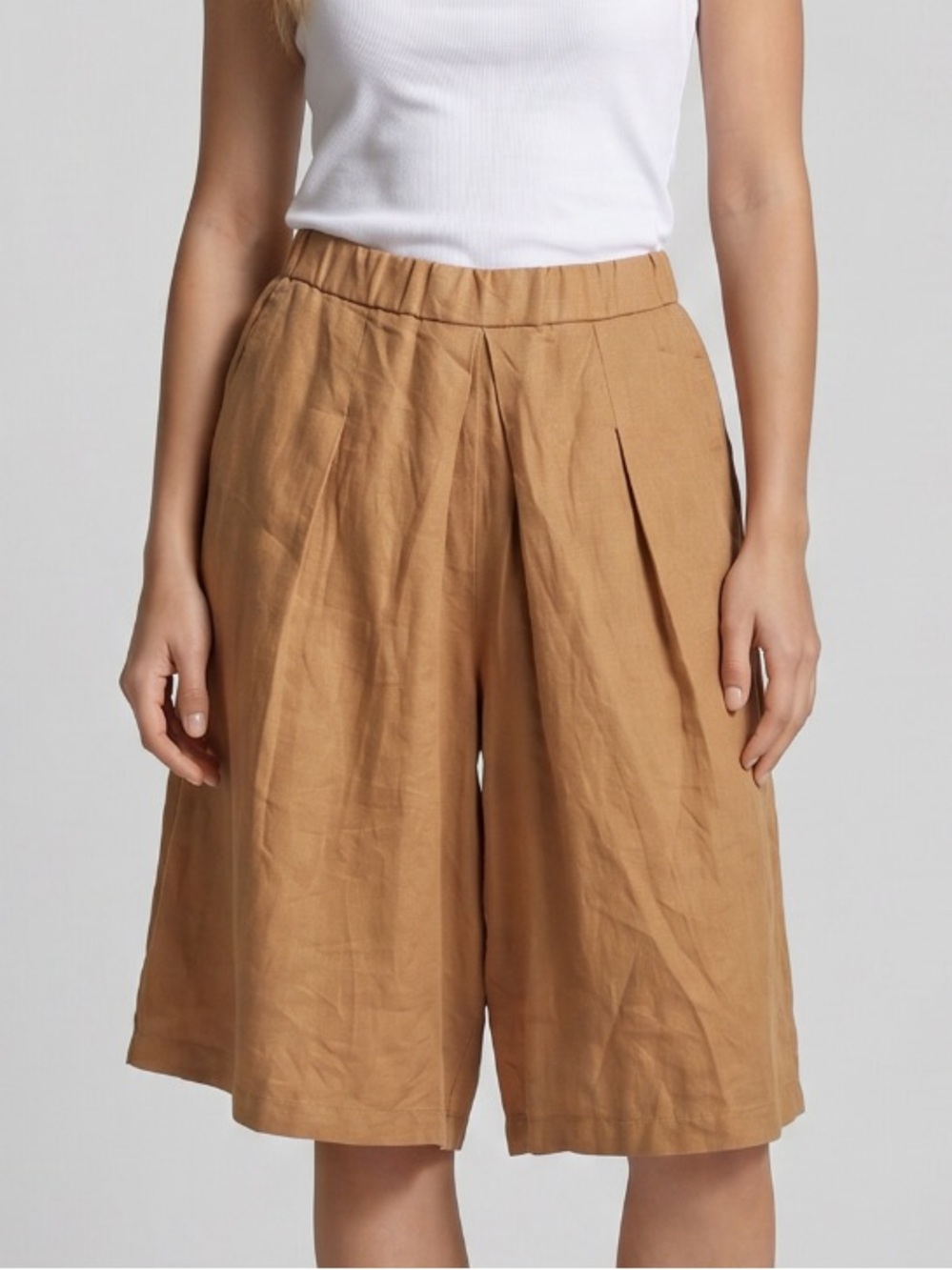 🌻Donna Karan 100% Linen Fawn Tan High Rise Wide Leg Culottes Womens Size Large